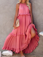 High Neck Smocked Halter Sleeveless Tiered Ruffle Maxi Dress