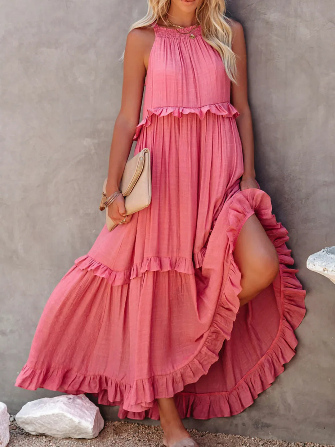 High Neck Smocked Halter Sleeveless Tiered Ruffle Maxi Dress