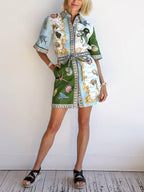 Nautical Print Shirt Collar Bishop Sleeve Tie Waist Button Mini Dress