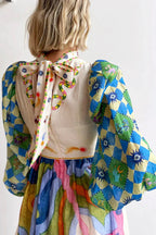 Mock Neck Lantern Sleeve Heart and Eye Graphic Print A-Line Maxi Dress
