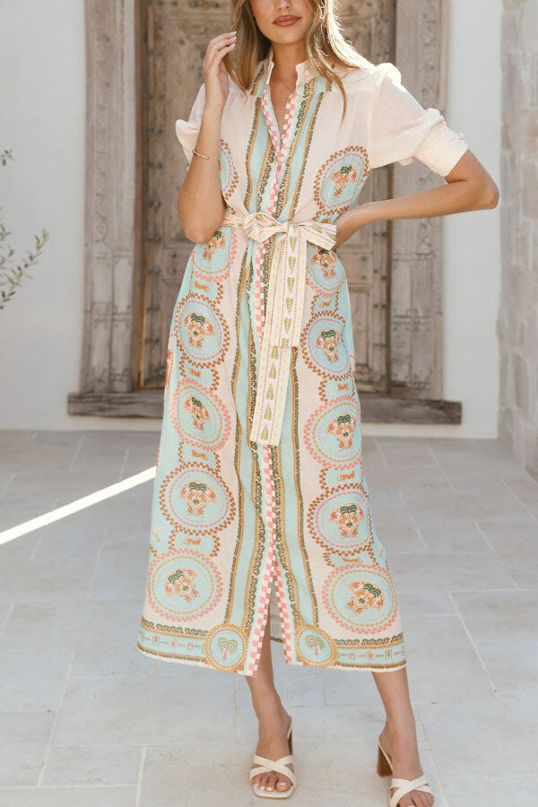 Unique Printed Puff Sleeve Button Lace Up Vacation Maxi Dress
