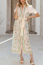 Unique Printed Puff Sleeve Button Lace Up Vacation Maxi Dress