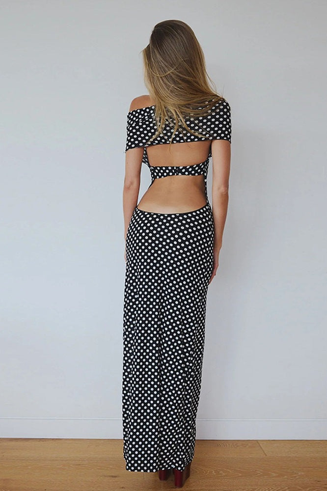 Polka Dot Off Shoulder Halter Strap Bodycon Midi Dress