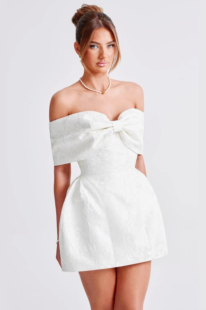 Jacquard Off Shoulder Bow Bustier Fit and Flare Mini Dress