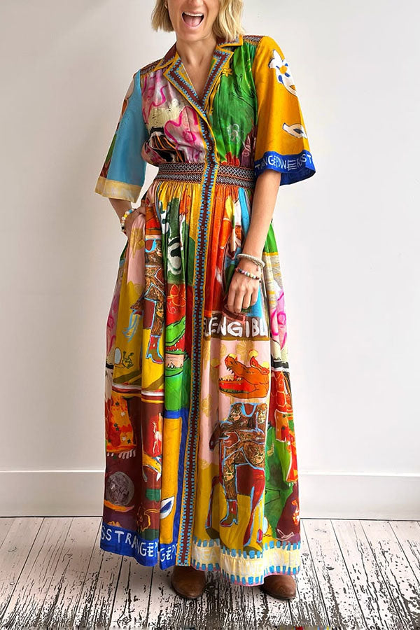 Vintage-Style Multi-Color Print Shirt Maxi Dress