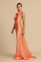 Satin Halter Neck Cowl Draped Bias Cut Trumpet Maxi Gown