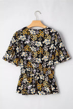 Floral Print V Neck Smocked Babydoll Blouse