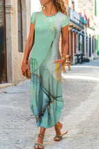 Ethnic Print Short Sleeve Pocket A-Line Maxi Dress