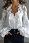 Fashionable Patchwork Lace V-neck Puff Sleeve Loose Shirt