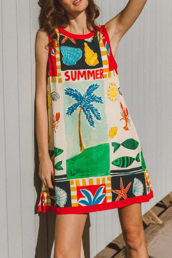 Summer-themed Printed Round Neck Sleeveless Pocket Loose Mini Dress