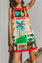 Summer-themed Printed Round Neck Sleeveless Pocket Loose Mini Dress