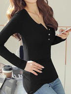 Solid Ribbed Breasted Long Sleeve Tee