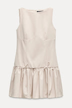 Velvet Bow Trim Drop Waist Gathered Pleated Mini Dress
