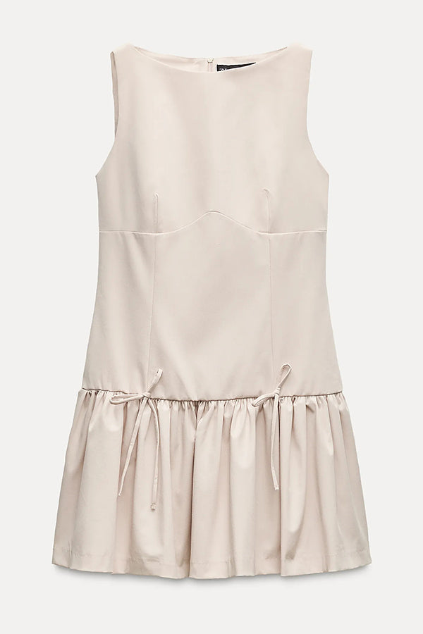 Velvet Bow Trim Drop Waist Gathered Pleated Mini Dress