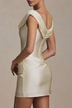 Satin Off Shoulder Cowl Neck Ruched Bodycon Mini Dress