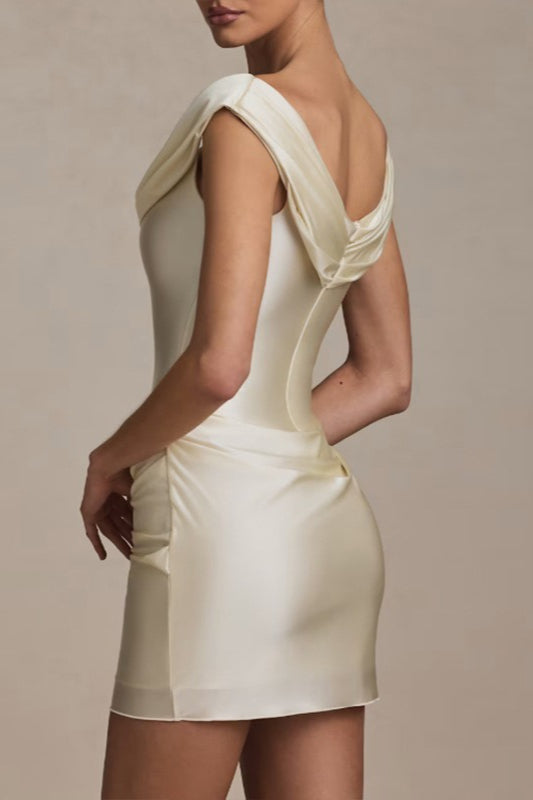 Satin Off Shoulder Cowl Neck Ruched Bodycon Mini Dress