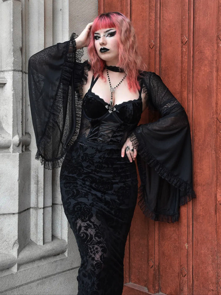Mesh Bell Sleeve Lace Velvet Burnout Floral Mermaid Maxi Dress