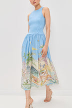 Ink Wash Print Round Neck Sleeveless Resort-style Midi Dress