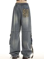 Vintage leopard print multi-pocket straps Cargo Jeans