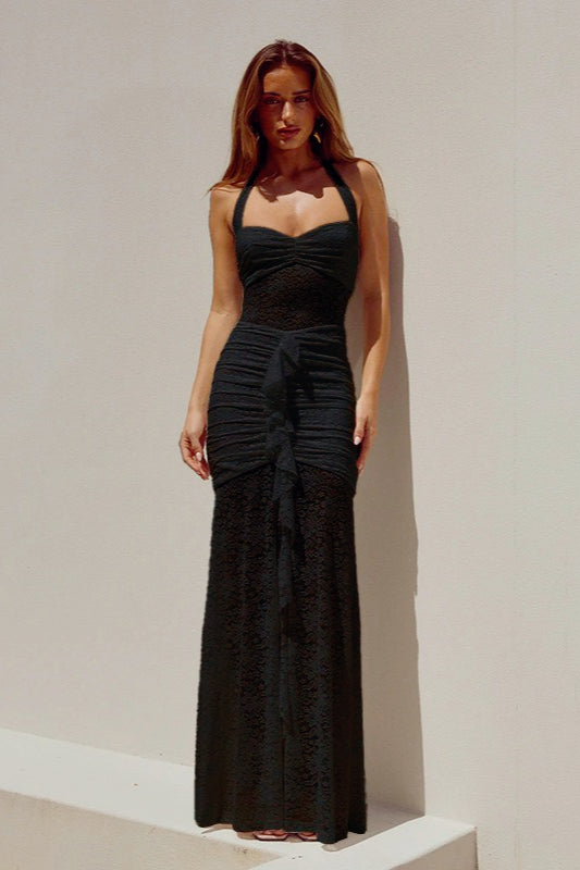 Lace Sweetheart Ruched High Slit Ruffle Trim Maxi Dress
