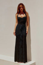 Lace Sweetheart Ruched High Slit Ruffle Trim Maxi Dress
