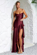 Spaghetti Strap Cowl Neck Ruffle Slit Satin Maxi Gown