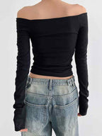 Spider Print Off Shoulder Slim Long Sleeve Tee