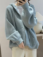 Solid Hooded Zip Up Knit Cardigan
