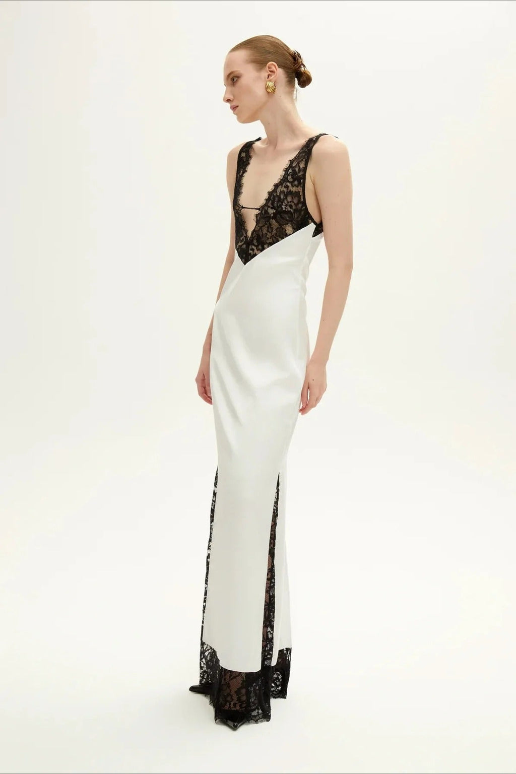 Satin Deep V-Neck Lace Panel Lace Trim Hem Maxi Slip Dress
