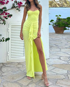 Strapless Sweetheart Ruched Cascade Ruffle High Split Maxi Dress