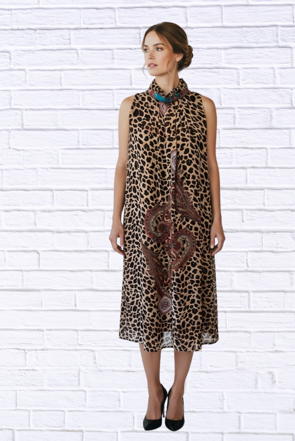 Animal and Paisley Print Sleeveless Maxi Dress _ High Neck Bow Detail Flowy Woven Dress