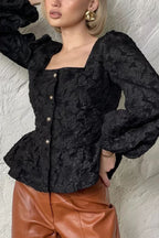 Solid Color Jacquard Square Neck Puff Sleeve Elegant Button Top