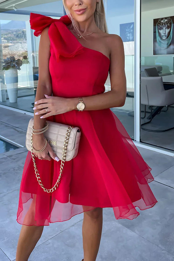One Shoulder Oversized Bow Tulle Overlay Mini Dress