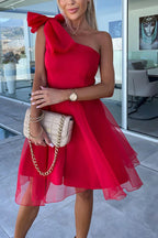 One Shoulder Oversized Bow Tulle Overlay Mini Dress
