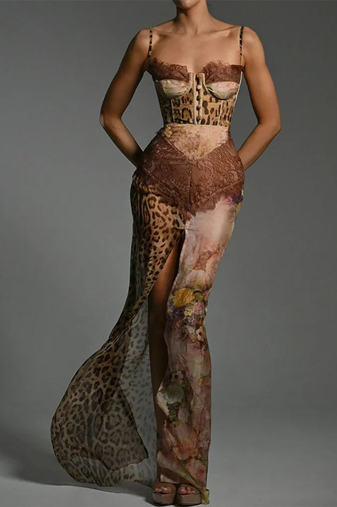 Print Lace Corset High Split Baroque Panel Maxi Dress