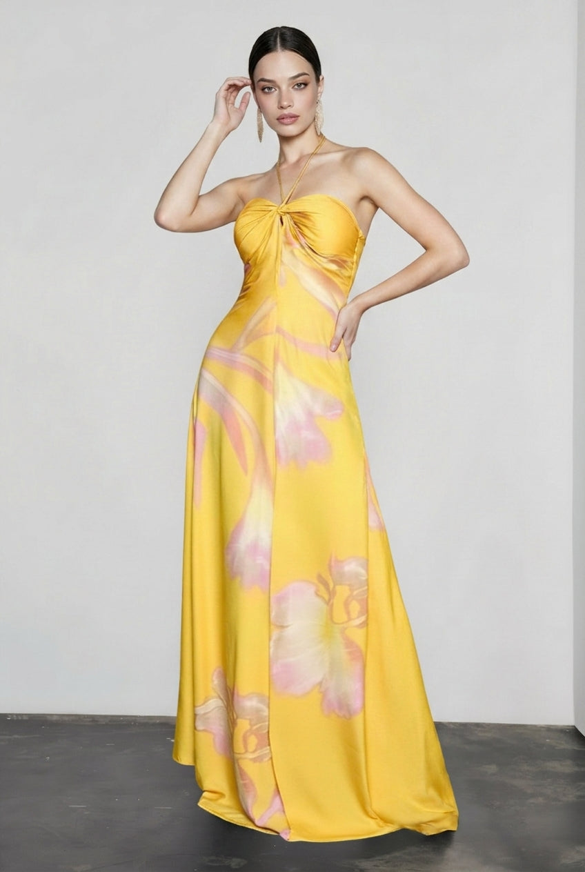 Floral Print Halter Tie Twist Front Keyhole Satin Maxi Dress