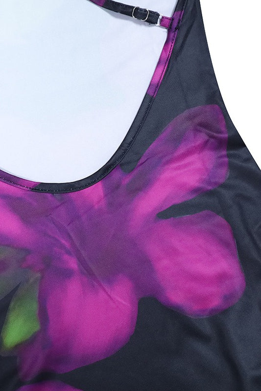 Purple Criss Cross Back Open Back Floral Print Bodycon Maxi Dress