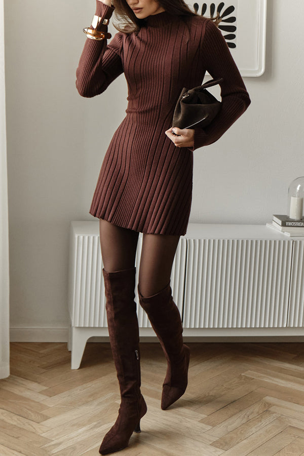 Solid Color Long-sleeved Slim-fit Elegant Knitted Mini Dress