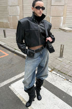 High Neck Leather Moto Jacket