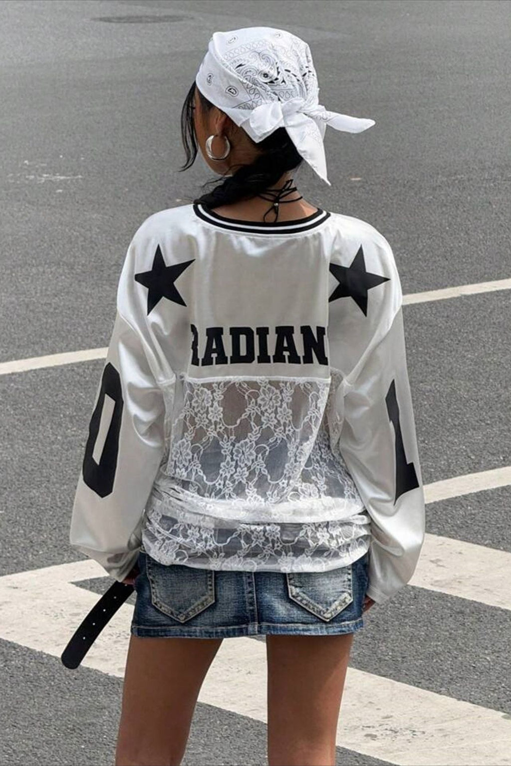 Lace Sheer V Neck Print Sweatshirt