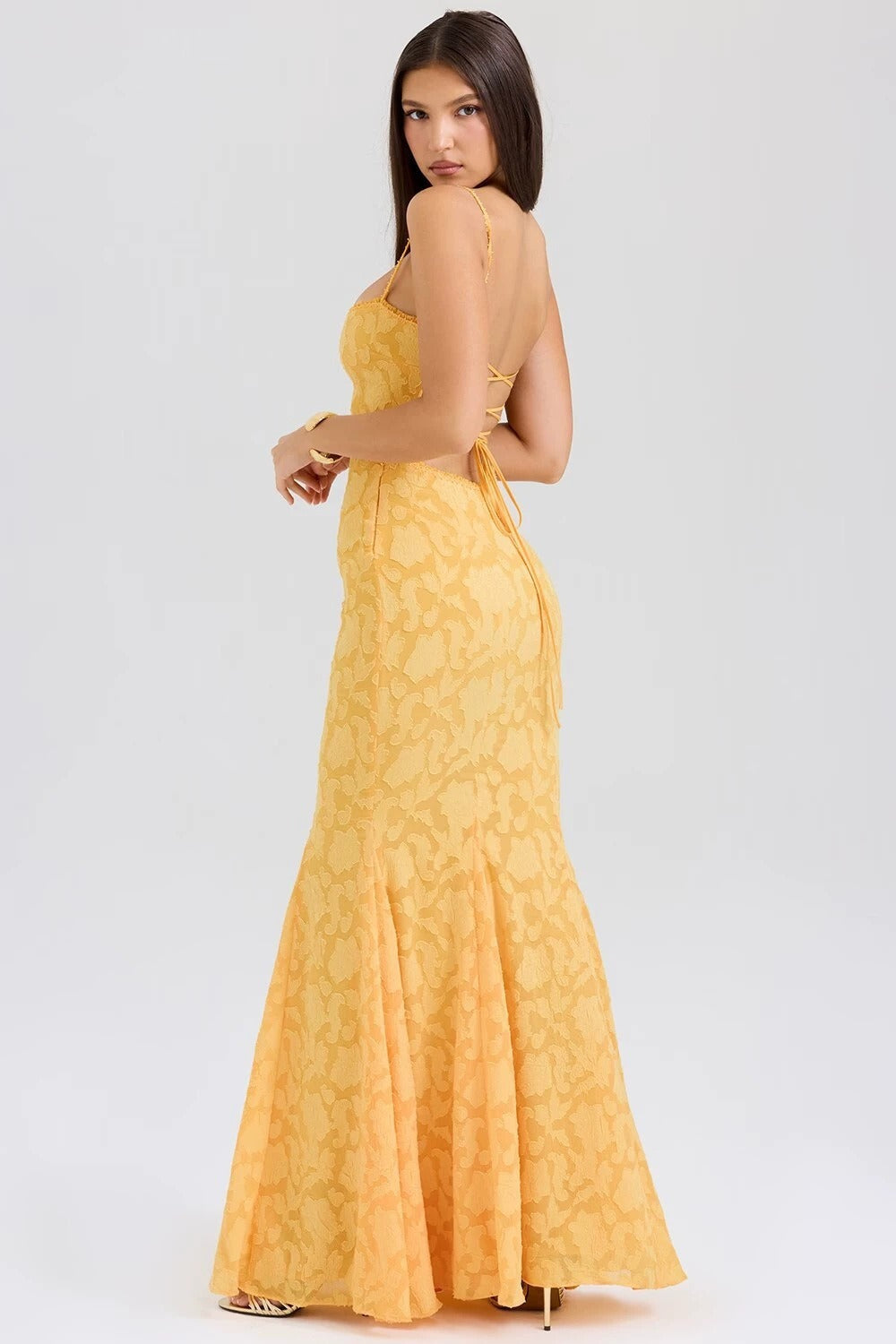 Floral Jacquard Strapless Mermaid Maxi Lace Dress