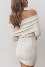 Off Shoulder Ribbed Knit Long Sleeve Flare Cuff Bodycon Mini Sweater Dress