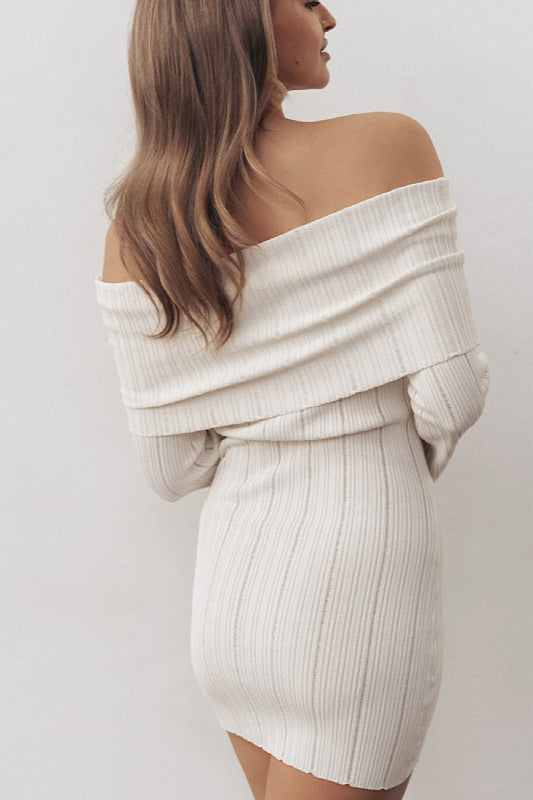 Off Shoulder Ribbed Knit Long Sleeve Flare Cuff Bodycon Mini Sweater Dress