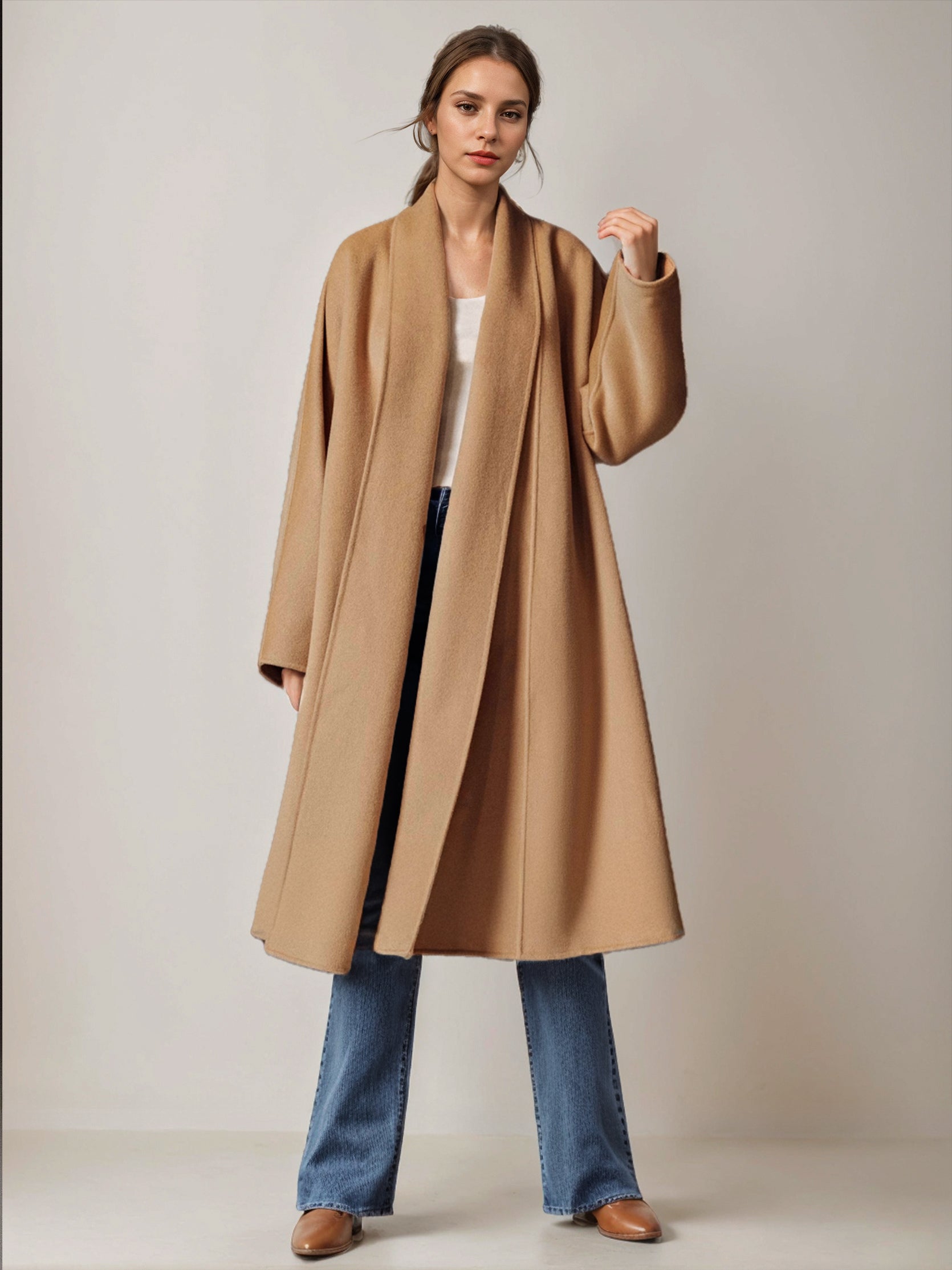 Burgundy Wool Cashmere Blend Wrap Coat For Woman Lapel Elegant Belted Double-Faced Winter Outerwear 2026