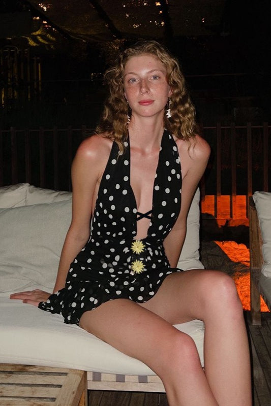 Polka Dot Halter Neck Plunging V-Neck Ruffle Hem Mini Dress