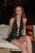 Polka Dot Halter Neck Plunging V-Neck Ruffle Hem Mini Dress