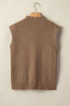 Light French Beige Solid Color Ribbed Knit Mock Neck Loose Sleeveless Sweater