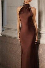 Satin Halter Neck High Neck Backless Slip Column Maxi Dress