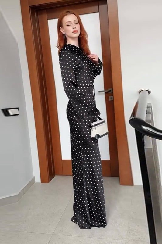 Black Polka Dot Long Sleeve Waist Tie Maxi Dress