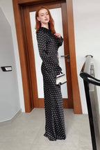 Polka Dot Long Sleeve Tie Waist Satin Maxi Dress
